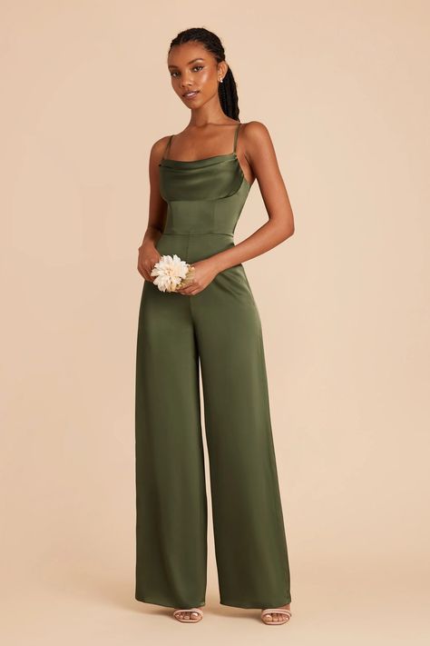 Donna Olive Matte Satin Bridesmaid Jumpsuit | Birdy Grey Sage Green Jumpsuit Wedding, Maid Of Honor Suit, Olive Green Jumpsuit Outfit, Cocktail Chic Attire, Bridesmaid Dresses Olive, Bridesmaid Pantsuit, Bridesmaid Suit, Olive Bridesmaid Dress, Green Jumpsuit Outfit