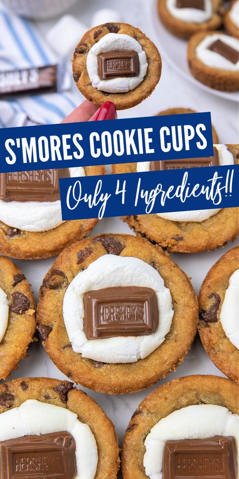 S'mores lovers! You NEED to try these 4-ingredient s'mores cookie cups! They are so easy to make and absolutely one of my favorite sweet treats. Gooey Smores Cookie Muffins, Smores Cookies With Graham Crackers, Summer Camping Desserts, Easy S’mores Dessert, S’more Cookie Cups, S'mores Cups, Desserts To Take Camping, S’mores Cookies Easy, Easy Camp Desserts