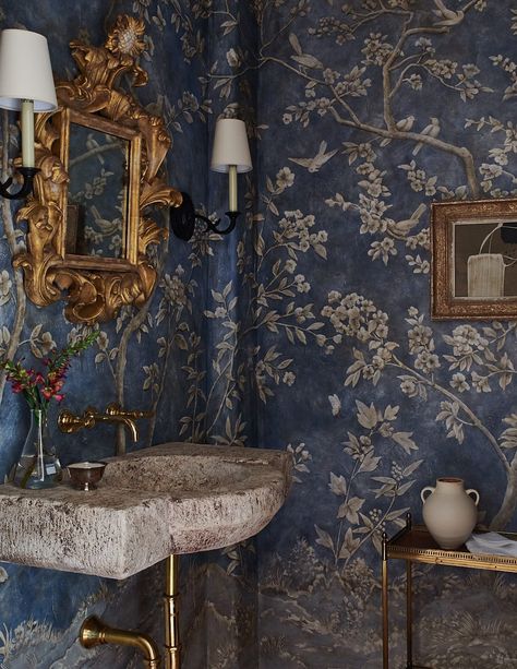 Montecito No. 4 - Mark D. Sikes Chinoiserie Mural, Sprinkle Sprinkle, Interior Murals, Wallpaper Bathroom, Powder Room Design, Chinoiserie Wallpaper, Deco Boheme, Stylish Bathroom, Powder Rooms