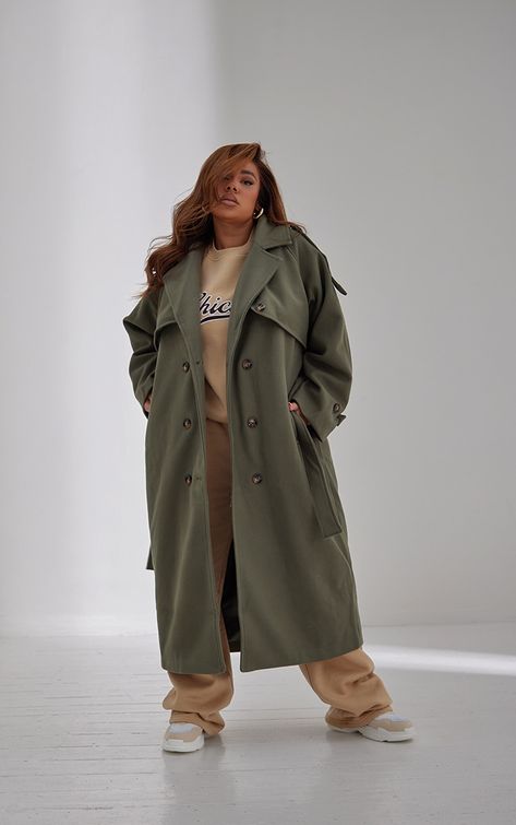 Women's Trench Coats | Raincoats & Macs | PrettyLittleThing Winter Coat Plus Size Women, Plus Size Cute Winter Outfits, Urban Winter Outfits For Women, Winter Outfits Cold Plus Size, Plus Size Trench Coat Outfit, Uk Winter Outfits, Winter Outfits For Plus Size Women, Oversized Trench Coat Outfits, Plus Size Outfits Winter