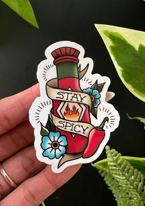 Stay Spicy Sticker, Hot Sauce Bottle, Laptop Sticker, Tattoo Style Sticker Spicy Stickers, Sticker Tattoo Style, Traditional Tattoo Stencils, Sticker Tattoo, Etsy Stickers, Dec 7, Tattoo Stencils, Sauce Bottle, Hot Sauce Bottles