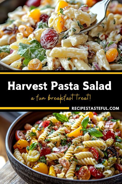 Celebrate the flavors of fall with this hearty and vibrant Harvest Pasta Salad, packed with roasted butternut squash, Brussels sprouts, and tossed in a tangy balsamic vinaigrette. Ideal as a main dish or a side for any autumn gathering! Thanksgiving Pasta Salad Recipes, Harvest Pasta Salad, Thanksgiving Pasta, Fall Pasta Salad, Harvest Pasta, Warm Pasta Salad, Autumn Gathering, Winter Pasta, Fall Pasta