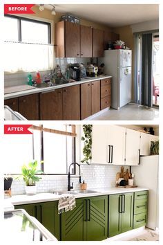 Back Of Kitchen Cabinet Ideas, Renovate 1920s House, Contrast Baseboards, Updated Wood Kitchen Cabinets, Convert Kitchen Cabinets To Open Shelves, Large Peel And Stick Floor Tile, Cabinet Fronts Makeover, Kitchen Backsplash With White Counters, Easy Kitchen Diy Makeover