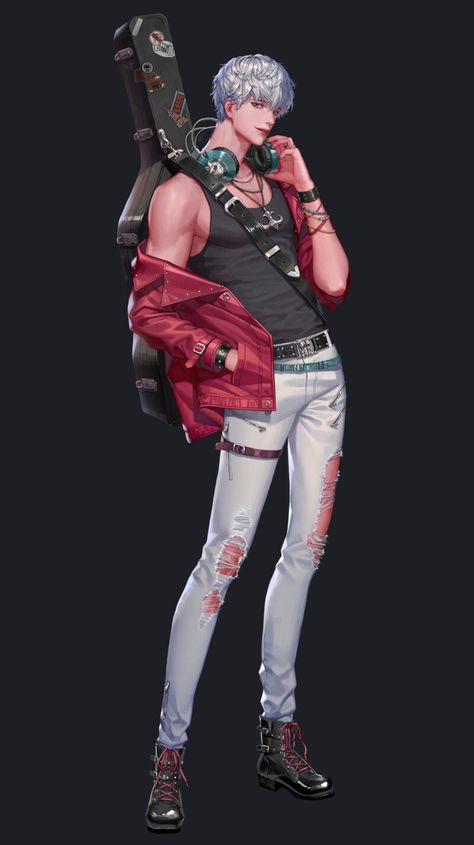 ArtStation - Musician 2017, YeonGyeong Song / YK Interactive Art Ideas, Punk Character Design, Sketches Reference, White Silver Hair, Punk Character, City Of Mist, Vtuber Ideas, Rocker Boy, Goth Anime