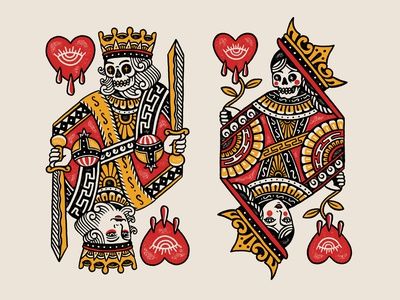 Traditional King Tattoo, King Card Tattoo, King Of Hearts Tattoo, American Traditional Tattoo Flash, Playing Card Tattoos, Queen Of Hearts Tattoo, Traditional Tattoo Inspiration, Queen Design, Tattoo Old School