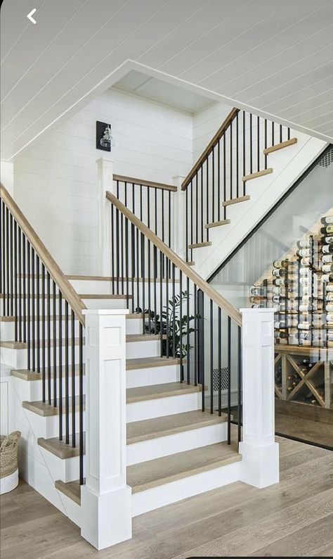 Stairs Traditional, Modern Farmhouse Staircase, Broadmoor House, Farmhouse Staircase, Farmhouse Stairs, Carlton Landing, Transitional Staircase, Stairs And Doors, White Staircase