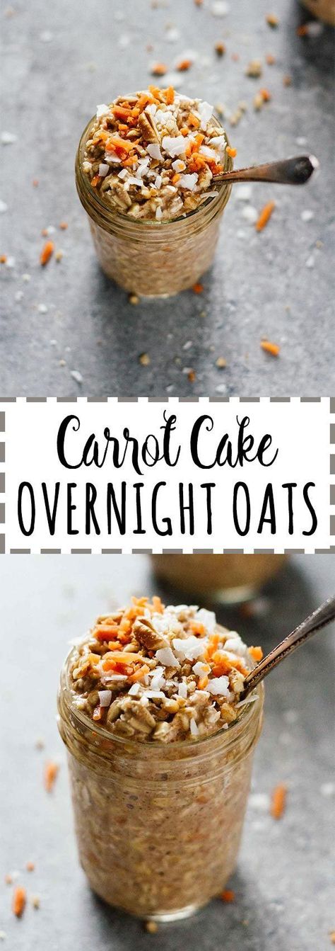 Carrot Cake Overnight Oats! Make these in about 5 minutes the night before, then take them on-the-go for breakfast in the morning! Vegan, vegetarian, gluten free, refined sugar free, and so easy. Love these!! Carrot Cake Overnight Oats, Cake Overnight Oats, Overnight Oatmeal Recipes, Vegetarian Gluten Free, Vegan Carrot Cakes, Oatmeal Cups, Overnight Oatmeal, Oatmeal Breakfast, Overnight Oats Recipe