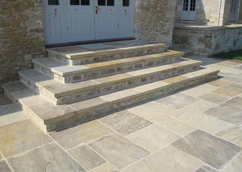 Stone Patio Designs, Front Door Steps, Paving Ideas, York Stone, Concrete Patios, Patio Steps, Patio Slabs, Stone Steps, Stone Patio