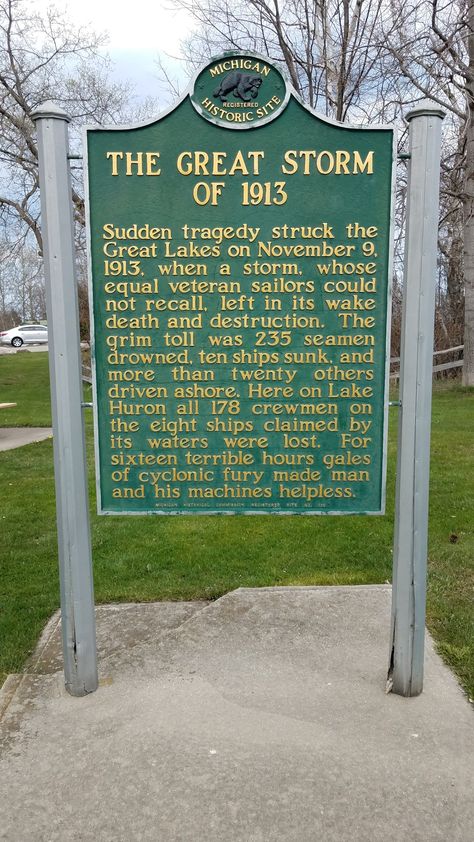 The Great Storm Of 1913 - historic marker, 35 miles north of Port Huron, Michigan Lake Huron Michigan, Michigan Facts, Roman Words, Port Huron Michigan, Travel Michigan, Lake Lighthouse, Ship Wrecks, Ship Wreck, Michigan History