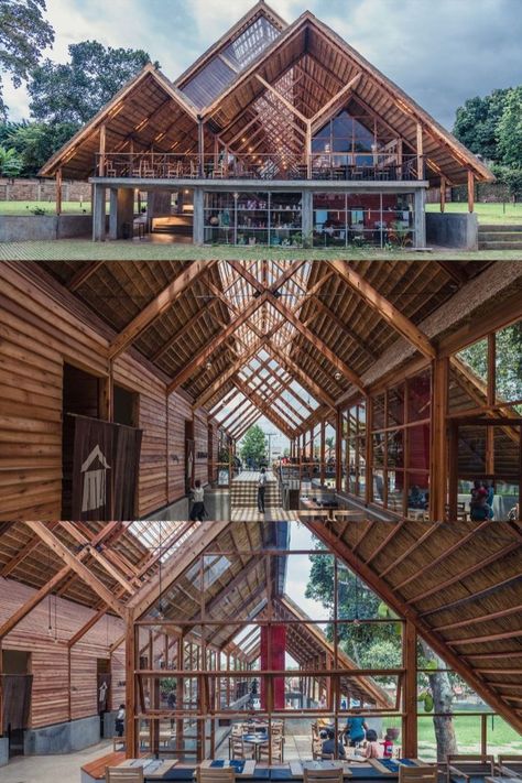 Thatched Roof Restaurant, Sustainable Roof Design, Thatch Roof Design, Sustainable Commercial Building, Tree House Building, Roof Building Design, Bamboo Roof Design, Roof Design Ideas, Roof Idea