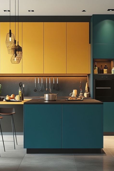 Add a pop of color to your kitchen with vibrant cabinets for a cheerful look. #ColorfulKitchen #KitchenDecor #HomeInspiration Colorful Kitchen Cabinets, Kitchen Cabinet Inspiration, Cabinet Inspiration, Colorful Kitchen, Kitchen Cabinet Colors, Cabinet Colors, Kitchen Colors, Kitchen Cabinet, Color Splash