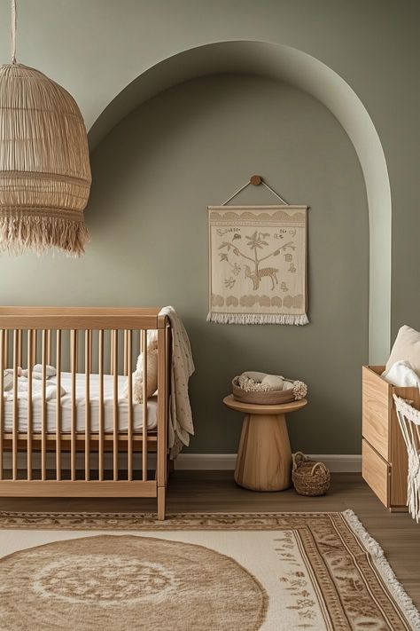 Molding In Nursery, Boho Gender Neutral Nursery, Vintage Gender Neutral Nursery, Neutral Girl Nursery, Muted Nursery, Vintage Nursery Ideas, Scandinavian Baby Room, Minimalist Baby Room, Gender Neutral Nursery Colors