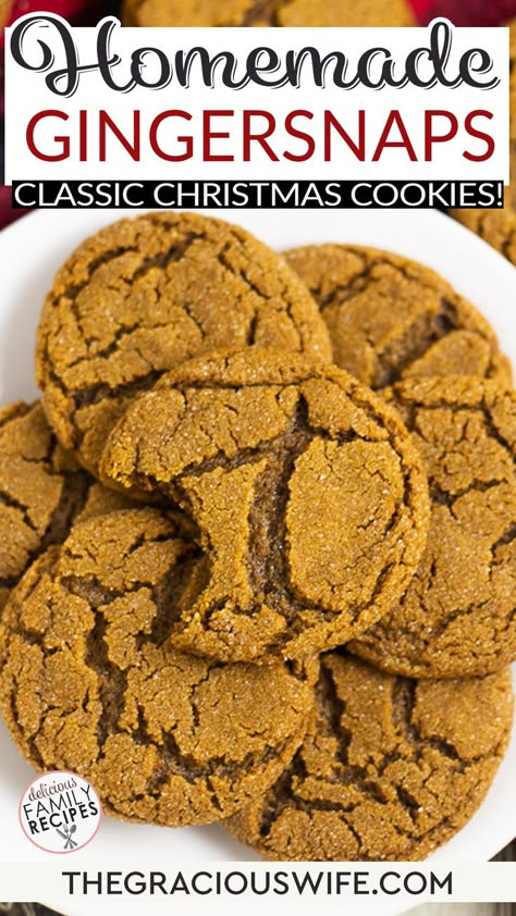 Classic Gingersnaps with a bold cinnamon and ginger-spiced flavor, crispy edges and a chewy center are easy to make and the perfect holiday cookie! Another classic Christmas cookie recipe, Gingersnaps are always a holiday hit and a family favorite. My grandma has been making these using this recipe for as long as I can remember, and we all love them. | @graciouswife #Gingersnaps #ChristmasCookies #CookieExchange #CookieRecipes Grandmas Ginger Snap Cookies, Christmas Gingersnap Cookies, Chewy Gingersnap Cookies, Homemade Christmas Cookie Recipes, Gingersnaps Recipe, Ginger Snap Cookies Recipe, Ginger Snaps Recipe, Gingersnap Cookies, Cookie Sets