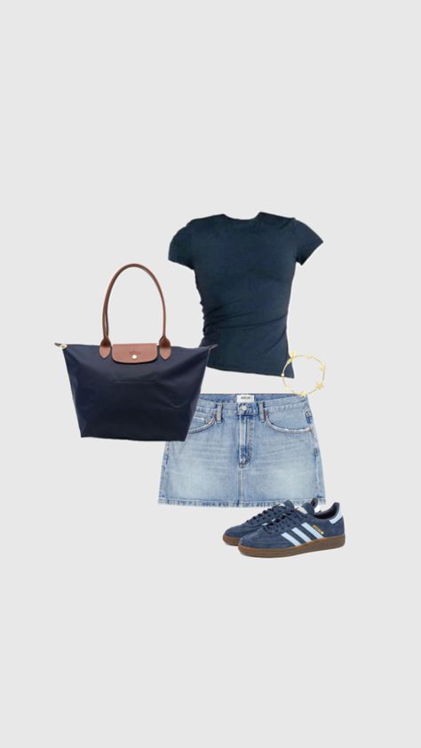 Long Champ Outfit, Blue Gazelle Adidas Outfit, Adidas Spezial Navy, Navy Skirt Outfit, Long Champ Bag, Blue Skirt Outfits, Navy Blue Outfit, Long Champ, Outfit Navy