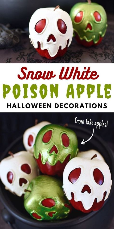 Poison Apple Decorations, How To Make A Poison Apple, Snow White Ornaments Diy, Diy Poison Apple Decoration, Disney Party Ideas Decorations Diy, Dollar Tree Cauldron Crafts, Fall Ornaments Diy, Diy Poison Apple, Halloween Decorations Disney