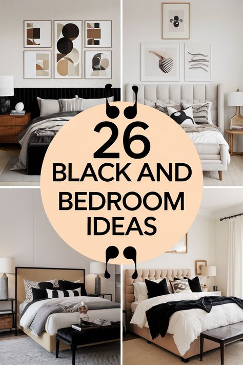 Embrace a sleek and sophisticated aesthetic with black and beige bedrooms. Explore modern design elements, geometric patterns, and minimalist decor to create a stylish haven. Black Brown White Bedroom Ideas, Black Bedroom Esthetics, Black Euro Pillows On Bed, Beige Bedroom With Black Furniture, Gray Black And Gold Bedroom, Black Tan Bedroom Ideas, Modern Bedding Set Ideas, Black White Brown Bedroom, Black Glam Bedroom Ideas