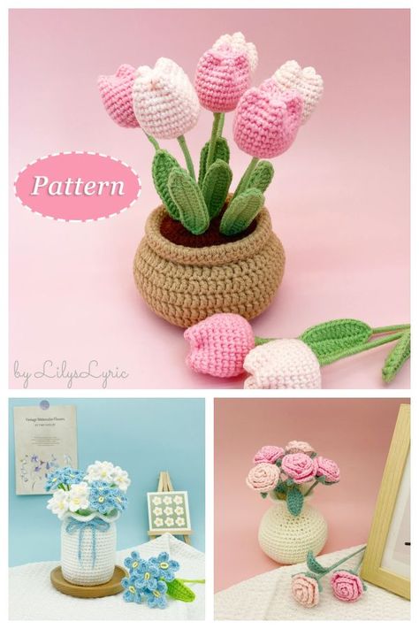 Flower with Vase Crochet Patterns Crochet Vase Pattern Free, Crochet Flower Pots Free Pattern, Cute Flower Vase, Vase Crochet, Crochet Vase, Crochet Hook Case, Instead Of Flowers, Micro Crochet, Market Ideas