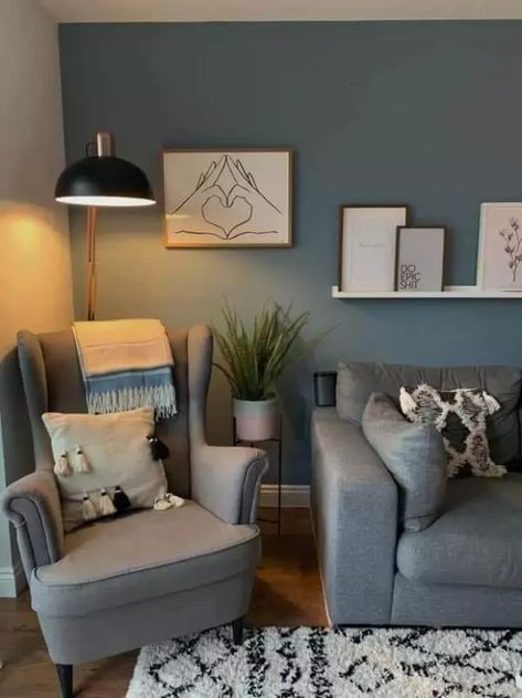 Denim Blue And Grey Living Room, Denim Blue Living Room Ideas, Comfy Coastal Living Room, Denim Drift Kitchen, Small Living Room Wall Color Ideas, Grey Blue Walls Living Room, Dulux Denim Drift Living Room, Blue And Grey Living Room Color Scheme, Living Room Feature Wall Colour Ideas