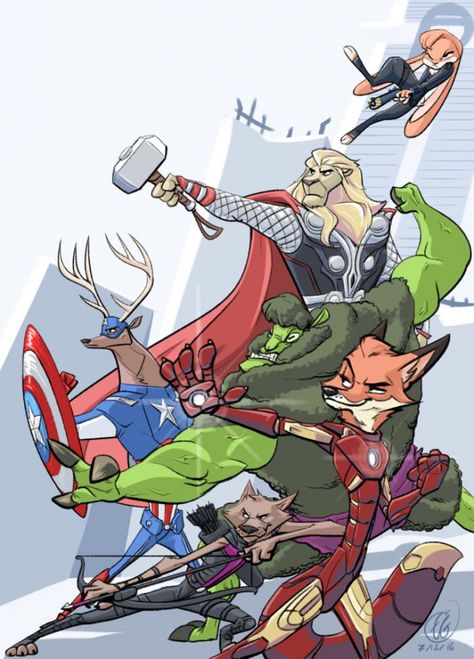 Zootopia Avengers! (artwork by phantomthepencil) Zootopia Fanart, Avengers Cast, Nick Wilde, Disney Crossovers, Marvel Fan Art, Marvel Jokes, Cartoon Crossovers, Avengers Funny, Marvel Fan