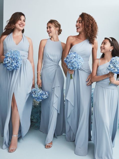 Dresses and Gowns Archives - David's Bridal Blog Vestidos Color Pastel, Dusty Blue Dress, Sky Blue Bridesmaid Dresses, Dresses By Pattern, Hijab Wedding Dress, Dusty Blue Bridesmaid Dresses, Wedding Dress Pictures, Bridesmaid Dress Colors, Bridal Party Dresses