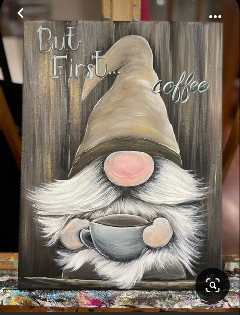 Coffee Gnome, Gnome Paint, Gnome Pictures, The Rake, Diy Gnomes, Canvas Painting Diy, Gnomes Crafts, First Coffee, Flat Brush