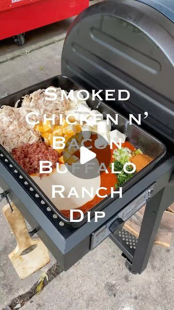 Smoked Chicken And Bacon Buffalo Ranch Dip, Smoked Football Food, Buffalo Chicken Dip Smoker, Apps On The Smoker, Smoked Buffalo Chicken Dip, Buffalo Ranch Dip, Buffalo Ranch Chicken Dip, Bacon Ranch Dip, Buffalo Dip