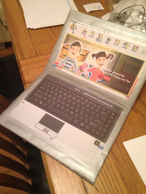 Fake laptop for lounge themed role play. Fake Teacher Roleplay, Cinema Role Play Eyfs, Role Play Travel Agents, Cafe Role Play, Toy Shop Role Play Eyfs, School Play, Gadgets, Laptop, Electronic Products