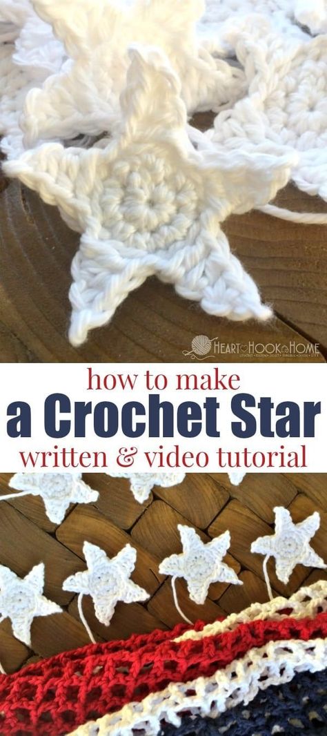 This pattern for a crocheted star is super easy, it works up super quickly and is a great star applique for crocheted blankets, vests and more! Patriotic Patterns, Patriotic Crochet, Crocheted Star, Crochet Star Patterns, Star Video, Star Crochet, Crochet Appliques, Crochet Star, Crochet Heart Pattern