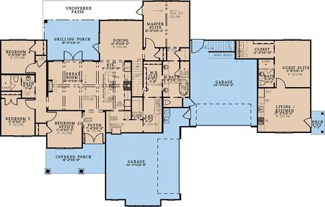 single story, garage in between. Needs a second room on in-law side, longer primary Mother In Law House Plans, Floor Plan With In Law Suite, Multigenerational House Plans In Laws One Story, Connecting Houses, House Plans With In Law Suite One Story, Multigenerational House Plans In Laws, Multi Generational House Plans, Multigenerational House Plans, Multigenerational House