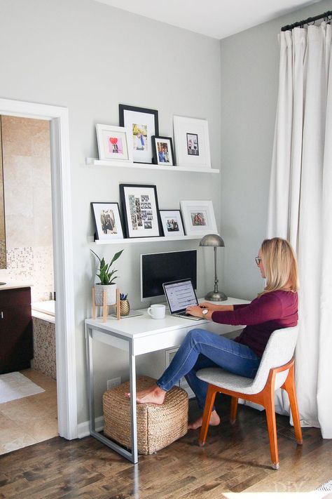 Desk Perpendicular To Window, Small Space Office Ideas Layout, Work From Home Corner, Work From Home Pictures, Artwork Framing, Den Home Office, Chicago Condo, Diy Baby Gate, Framing Art