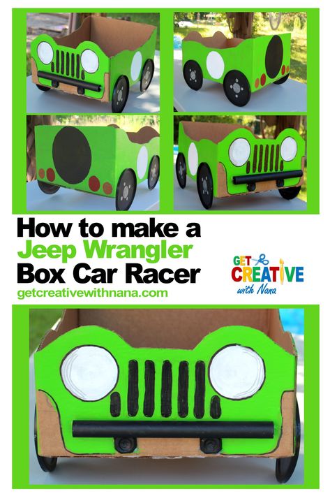 How to make a Jeep Wrangler Box Car Racer from a cardboard box. This is a great project to try just for fun or to make box car racers for events like birthday parties, community events or family gatherings or just to play with at home or in the backyard. Simple and easy to make using materials found in the recycling bin, common crafting supplies and a cardboard box.  Get your creative on! Cardboard Box Crafts Easy, Diy Box Car, Kindy 500, Cardboard Boxes Kids, Backyard Simple, Cardboard Cars, Amazon Boxes, Cardboard Box Car, Diy Jeep