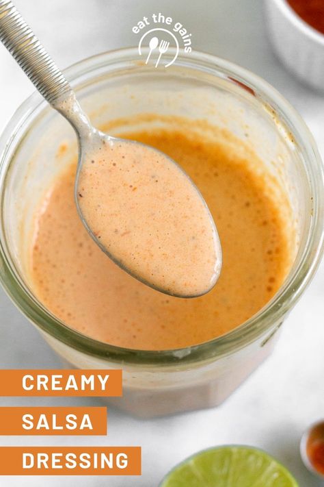 This creamy salsa dressing combines salsa, greek yogurt, lime juice, and spices for a tangy and spicy dressing that is ready in 10 minutes and is so delicious! Use it on salads, tacos, bowls, as a dip for protein, and more. Sriracha Yogurt Dressing, Salsa Dressing For Salad, Chick Fil A Creamy Salsa Dressing Recipe, Salsa Vinaigrette, Mexican Dressing, Creamy Salsa Dressing, Salsa Dressing, Healthy Dressing Recipes, Spicy Dressing