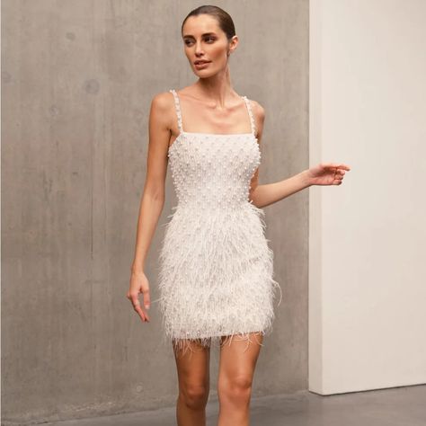 Nwt Carrie Dress- Unworn, Missed The Deadline To Return. $725+ Tax Reception Short Dress Bride, Short Tight Wedding Dress, Mexico Rehearsal Dinner Outfit, White Party Dress Winter, White Beaded Dress Short, Pearl Overlay Dress, Party Reception Dress, After Party Dress Night, Wedding Reception Dress Sparkly