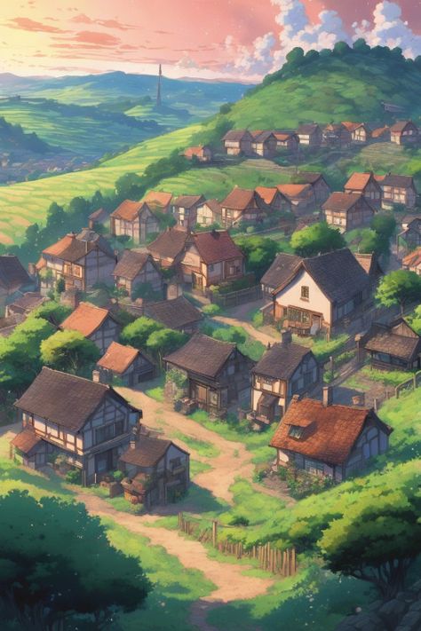 Tranquil Village Scene Check more: https://paintlyx.com/tranquil-village-scene/ Magical Village Aesthetic, Village Drawing Landscapes, Fantasy Village Concept Art, Village In Forest, Fantasy House Concept Art, Anime Village, Dream Scapes, Buildings Reference, Elf Village