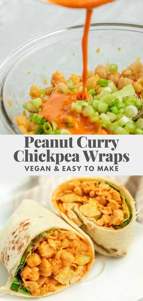 These Peanut Curry Chickpea Wraps are made flavorful with a combination of Thai red curry paste and peanut butter. A quick vegan lunch idea that is flavorful with every bite. Curry Lunch Ideas, Vegan Lunches To Go, Quick Vegan Lunch Ideas, Vegan Lunch Sandwich Ideas, Healthy Vegan Curry, Vegan Wrap Ideas, Chickpea Wrap Recipes, Chickpea Lunch Ideas, Vegan Wraps Lunch