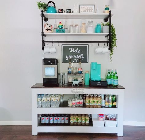 More than just a coffee bar. Hydration Station Home, Drink Stations Home, Basement Snack Bar Ideas Beverage Center, Beverage Station Cabinet, Beverage Bar Station, Drink Station Home Beverage Center, Work Snack Bar, Flavored Water Bar Drink Stations, Home Beverage Station