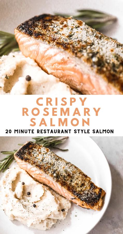 If you are looking for dinner recipes, this Crispy Rosemary Salmon recipe is quick, delicious and feels fancy! Made with a filet of salmon with it's skin on and topped with a flavorful seared crust of rosemary salt and garlic. Done in 20 minutes, it is a delicious and juicy salmon that is easy to make but looks and taste fancy! Follow for more dinner ideas! Dinner Fancy, Rosemary Salmon, Salmon Dinner Recipes, Chemical Free Food, Rosemary Salt, Restaurant Dinner, Seafood Entrees, Crusted Salmon, Salmon Dinner