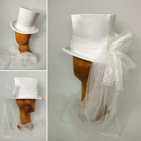 Top Hat With Veil, White Top Hat, Wedding Top Hat, White Satin Top, White Fascinator, Hat With Veil, Riding Habit, Belted Skirt, White Veils