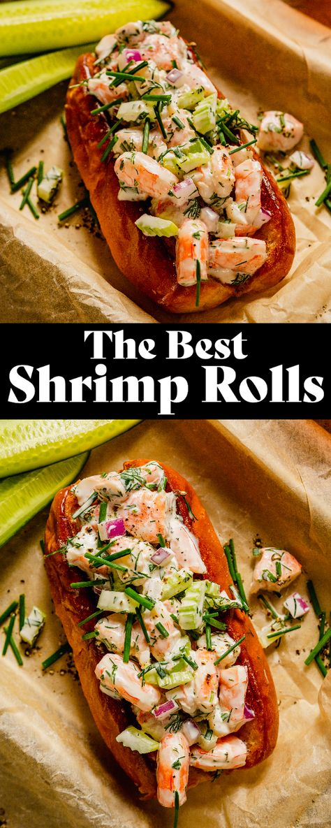 In the market for the best shrimp roll? You’ve come to the right place. Every element of this shrimp roll recipe has been considered and elevated to new heights. From poaching the shrimp in a white wine-infused ‘court-bouillon’ to dressing the tender shrimp in a creamy herb-packed dressing. This shrimp roll recipe is truly the best out there. So when you’re in need of a summer seafood sandwich but also crave an elevated version—turn to this recipe. Shrimp Rolls Sandwich, Shrimp Roll Recipe, Unique Sandwich Recipes, Shrimp Rolls Recipe, Seafood Sandwich, Poached Shrimp, Shrimp Roll, Seafood Sandwiches, Mayo Dressing