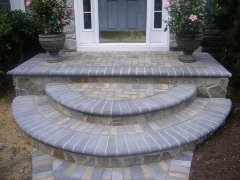 Stone Front Steps Design Ideas | Hardscaping and Landscaping company serving the Annapolis, Maryland ... Paver Steps, Front Porch Steps, Front Door Steps, Front Stairs, Brick Steps, Front Stoop, Patio Steps, Paver Walkway, Front Walkway