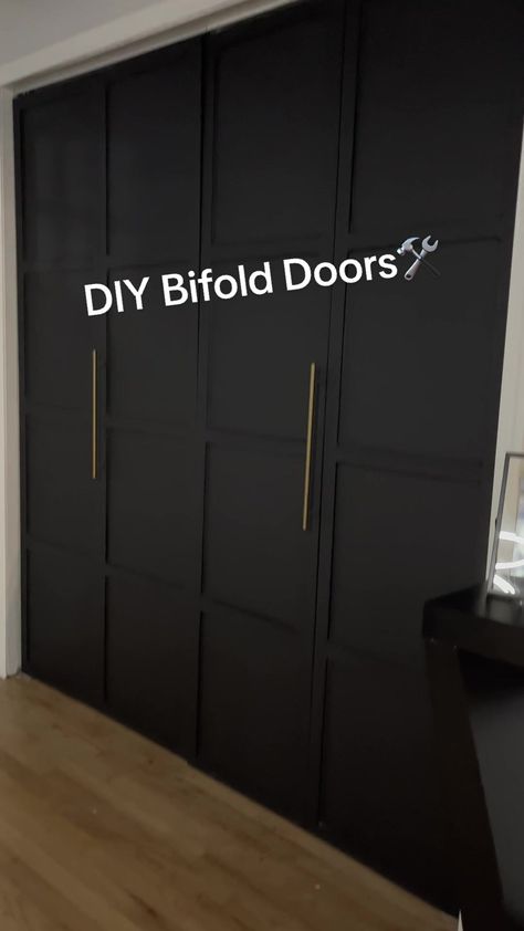 Office Closet Door Ideas, Modern Bifold Closet Doors Diy, Upgraded Bifold Doors, Modern Bifold Doors, Black Bedroom Closet Doors, Bifold Closet Makeover, Midern Closet Doors, Closet Bifold Doors Makeover, Closet Barn Door Modern