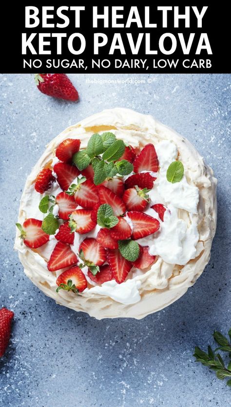 This keto pavlova is made with just 5 main ingredients and is 100% sugar free and low carb! Ready in minutes, it's a low carb twist on the Australian classic summer dessert, perfect for the holiday season! Sugar Free Pavlova Recipe, Keto Pavlova, Australian Pavlova, Best Pavlova, Sugar Free Baking, Healthy Summer Desserts, Postre Keto, Pavlova Recipe, Sugar Free Low Carb