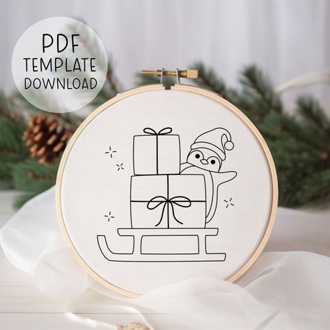 Christmas Penguin Embroidery Pattern Download, Handmade Decor Christmas Gift, Festive Embroidery Pattern, Handmade Christmas Kids Crafts Simple Christmas Embroidery Patterns, Christmas Kids Crafts, Christmas Outline, Festive Embroidery, Penguin Embroidery, Embroidery Guide, Redwork Patterns, Basic Embroidery, Christmas Embroidery Patterns