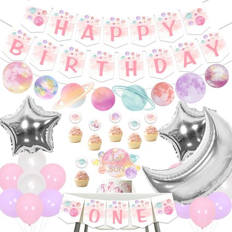 Sun Birthday Decorations, Happy Birthday Garland, Sun Birthday, Pink Space, 1st Birthday Party For Girls, First Trip Around The Sun, Birthday Garland, Space Birthday Party, Girl Birthday Decorations