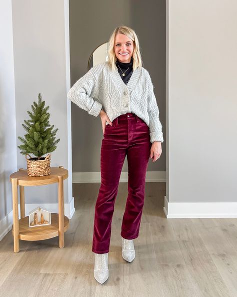 Red Curdory Pants Outfit, Red Corduroy Flare Pants Outfit, Red Sequin Skirt, Fitted Red Corduroy Pants, Burgandy Velvet Pants, Aerie Groove-on Rib Velour Flare Pant, Corduroy Pants Outfit, Thrifty Fashion, Faux Leather Jeans