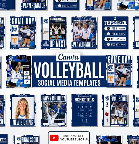 Elevate your volleyball team's social media presence with this dynamic pack of Canva-designed templates.    This comprehensive collection provides everything you need to manage your social media throughout the entire season. Our user-friendly templates streamline your design process, saving you valuable time and ensuring a consistent, professional look across Instagram, Facebook, and Twitter.     No design experience is required. Simply edit the templates to match your team's branding and share your exciting volleyball journey with the world.  .#CanvaTemplates #InstagramTemplates #FreeTemplates #IdeasForCanva #SocialMediaDesigns Sports Team Instagram Feed, Sports Instagram Feed, Sports Recruiting Graphics, Game Day Graphics, Volleyball Game Day, Game Day Design, Sports Social Media, Sports Volleyball, Volleyball Games