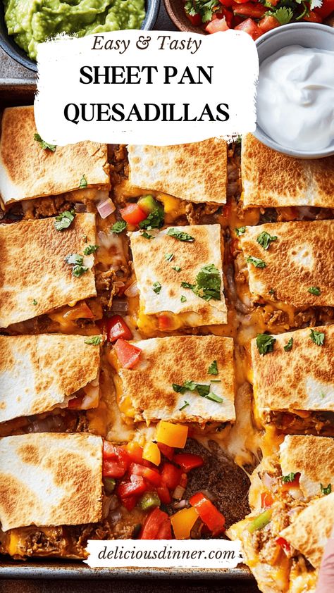 Family-Style Sheet Pan Quesadillas - Delicious Dinner One Pan Chicken Quesadilla, Baked Sheet Pan Quesadilla, Indian Sheet Pan Dinner, Quesadilla Recipes Sheet Pan, Sheet Pan Sandwich Recipes, Quesadilla Buffet, Macro Sheet Pan Meals, Sheet Pan Recipes Dinners, Lunch Ideas For Group Families