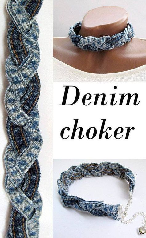 Braided Denim, Återvinna Jeans, Denim Necklace, Kalung Choker, Denim Choker, Denim Bracelet, Denim Earrings, Denim Crafts Diy, Diy Jeans