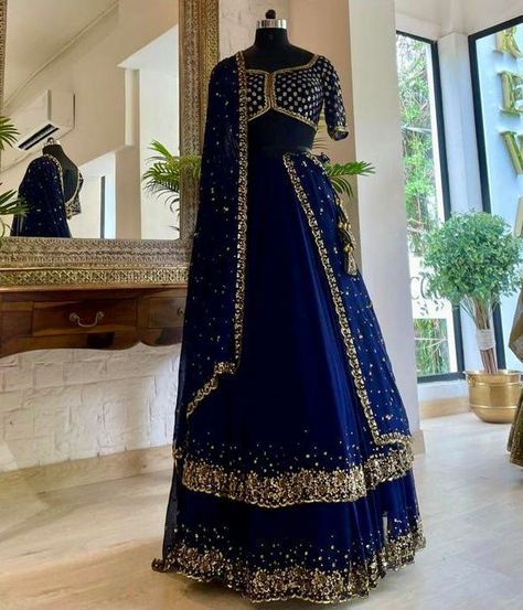 Royal Blue Lengha, Blue Indian Wedding Dress, Double Layered Lehenga, Lehenga Sequins, Dark Blue Lehenga, Shaadi Vibes, Indian Wedding Dress Traditional, Royal Blue Lehenga, Debs Dresses