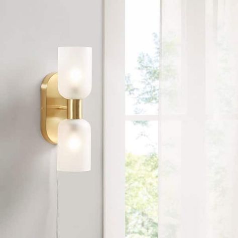 Modern Gold Double Tube 2-Light Wall Sconce - Stylish Lighting Fixture for Indoor Use - 14H - Bed Bath & Beyond - 38451472 Mantel Bedroom, Gold Fixtures, Contemporary Vanity, The Dove, Copper Lamps, Wall Fans, Vanity Lighting, Glass Wall, Frosted Glass